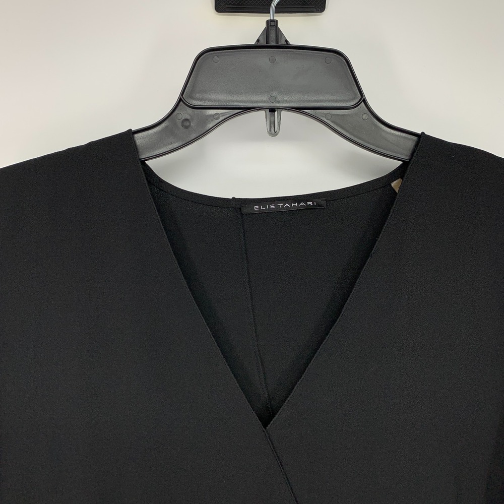 Elie Tahari Top Black V Neck Asymmetrical Bell Long Sleeve Womens Size Medium - Picture 3 of 13